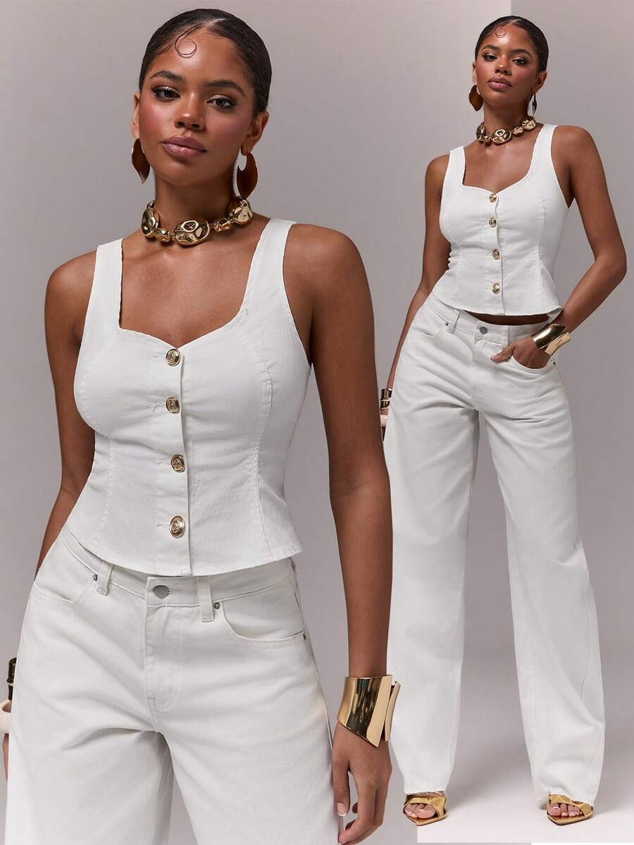 Normani Women's White Denim Top, Fitted U-Neck Vest, Metal Buckle Decoration, Casual Summer Outfit.White Casual Denim Shirt - White - View 1