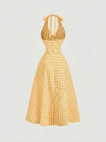 SHEIN MOD Đầm nữ thời trang đa năng họa tiết kẻ caro buộc dây cổ yếm - Màu vàng - Xem 4