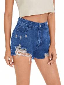 SHEIN Holidaya Shorts vaqueros de talle alto versátiles y desgastados, para el verano - Azul - Ver 9