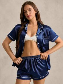 EverLounge Contrast Piping Satin PJ Set / Pajama Set - Navy Blue - View 5