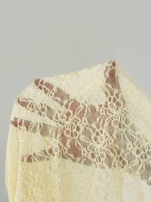 SHEIN Cream Yellow Lace Texture Open Shoulder Top Paired With Playful Mini Lace Skirt/Shorts, Women 2 Pieces Set/Lace 2 Pieces Set/Resort 2 Pieces Set - Light Yellow - View 7
