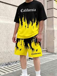青少年男孩休闲时尚创意个性化极简洛杉矶渐变黑黄图案字母标语印花短袖T恤和短裤套装，适合日常穿着，返校必备，轻便运动。 - 彩色 - 查看 6