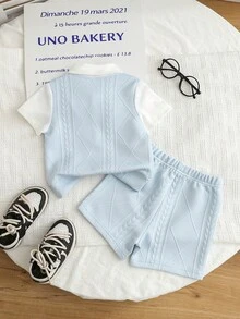SHEIN 男婴休闲绅士风撞色针织短袖POLO衫+松紧腰短裤套装，2件套，饰有马匹刺绣图案，舒适百搭，适合夏季、生日派对、婚礼、洗礼、周岁生日、返校、日常穿着，2026新款时尚男婴套装 - 藍色 - 查看 2