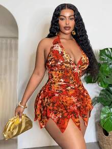 Slaydiva Maillot de bain grande taille Printemps/Été 2026, imprimé floral et feuillage coloré, col en V profond, côtés froncés, bordure en maille, taille haute. Tenue sexy pour la plage et la piscine en vacances - Multicolore - Voir 8