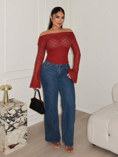 Maria Perezxox 女士时尚纯色露肩镂空长袖毛衣