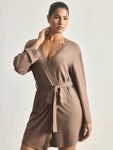 Ocili 简约舒适男女通用蕾丝睡袍，易于打理的女士睡衣浴袍 - 棕色 - 查看 4