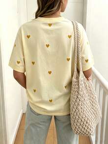 EMERY ROSE Plus Size Women Heart Print Round Neck Short Sleeve Casual T-Shirt - Multicolor - View 2