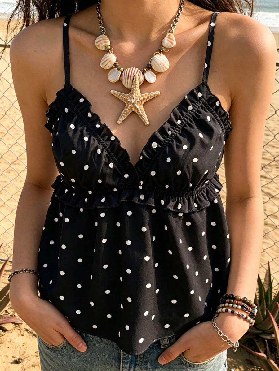 Jouncy Áo camisole nữ chấm bi xếp ly, kiểu dáng thường ngày, đa năng, thích hợp cho hẹn hò và đi chơi. - màu đen - Xem 1