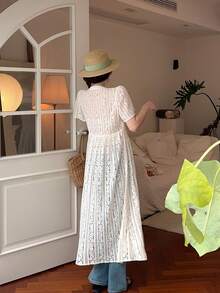 DAZY Damen Rundhals Spitzen Kurzarm Maxikleid, Koreanischer Stil für Frühling/Sommer Sonnenkleider für zierliche Frauen - Aprikosenfarben - Übersicht 3