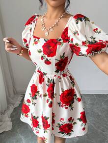 SHEIN Elenzya 女士方领印花褶皱腰身优雅短款派对连衣裙 - 杏色 - 查看 4