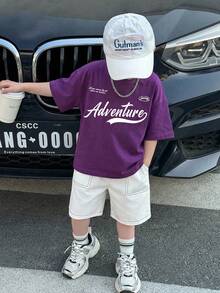 2pcs/Set Young Boys Summer Casual Korean Style Personalized Letter Print Short Sleeve T-Shirt And Pocket Shorts Set,Comfortable Daily Wear Outfits - Purple - View 5