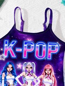 SHEIN 少女夏季海滩度假 K-Pop 卡通女团星空印花连体泳衣 - 彩色 - 查看 5
