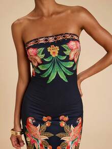 Travachic Women's Tropical Print Strapless Dress, Summer Vacation - Black - View 7