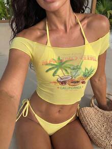 Swim Vcay 3pcs Fashionable Bikini Set With Cover-Up, Sexy Beach Vacation Outfit, Spring/Summer White - Yellow - View 3