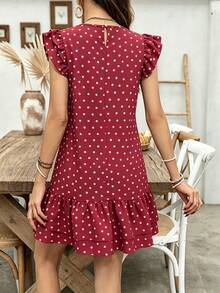 SHEIN LUNE Đầm ngắn nữ mùa hè màu đỏ chấm bi cổ tròn tay ngắn xếp nếp - Đỏ - Xem 2