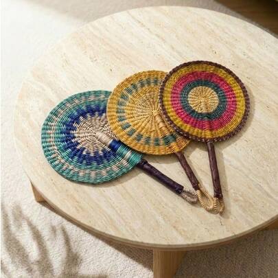 Cirelle 1pc Hand-Woven Seaweed Fan - Natural Hand Crank Fan, Reusable Mosquito Repellent Summer Accessory For Travel, Garden, Office, Home Decoration Essentials