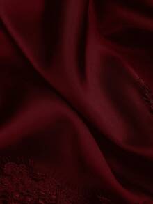 Sweetra Plus Size Women's Brown Satin Lace Patchwork Elegant Slimming Waist Fitted Mini Dress, Soft & Comfortable For Daily Wear, Date, Sexy Mini Skirt, Versatile Elegant Short Dress, Cooling Summer Mini Skirt - Burgundy - View 9