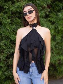 Andrea Bello 女士优雅多层荷叶边立领修身背心 - 黑色 - 查看 3