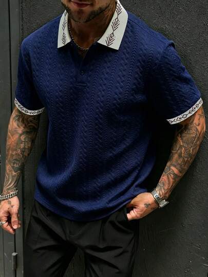 Manfinity Joysei Men's Knitted Jacquard Solid Color Textured Navy Blue & Apricot Reversible Ribbed Collar 2-Button Polo Shirt