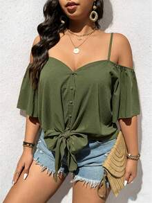 EMERY ROSE Fashionable Casual Retro V-Neck Off-Shoulder Tie-Up Shirt - Olive Green - View 5
