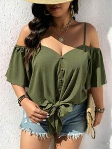 EMERY ROSE Fashionable Casual Retro V-Neck Off-Shoulder Tie-Up Shirt - Olive Green - View 6