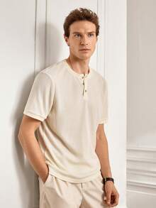 Officeau Camisa polo de manga corta con cuello henley, textura de gofre y unicolor casual para hombre, verano - Beis - Ver 5