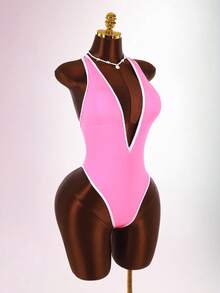 Amplova 1pc Women's Black & White Contrast Color Sexy Bodysuit, Tight-Fitting One-Piece Swimsuit With Deep V-Neck, Open Back And Bowknot, Suitable For Valentine's Day High-End Outfit - Pink - View 4