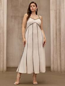 Flouryn Plus Size Women's Summer Colorblock Elegant Camisole Dress, Suitable For Party Occasions - Apricot - View 4