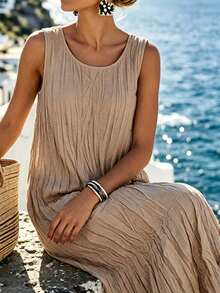 EMERY ROSE Pleated Round Neck Sleeveless Long Dress - Khaki - View 4