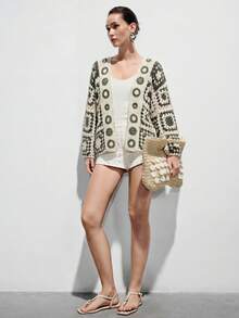 SHEIN Áo khoác cardigan dáng rộng tay cánh dơi khoét rỗng dành cho nữ - Màu xanh lá cây đậm - Xem 4