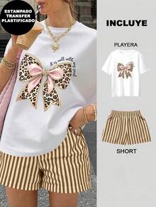 2 Playera Blanca con Short Rayas Café con Beige