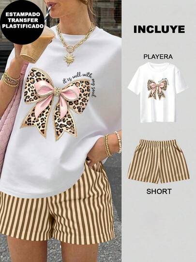 Conjunto de dos piezas, playera y short, playera estampada con diseño de moño estilo animal print, con listón rosa y texto, estampada, short corto de rayas en color café con beige, para mujer, adecuado para vacaciones en la playa, conjunto de verano, atuendo de vacaciones, ropa de viaje, estilo de playa, ropa de vacaciones, para temporada de calor