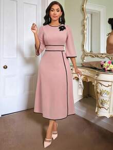 SHEIN Lady Women's Contrast Trim Round Neck Short Sleeve Mid-Length Dress Dress For Church For Women Modest Dress French Style Dress Elegant Dress - Baby Pink - View 7
