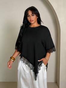 Rustia Plus Size Women Solid Color Lace Patchwork Casual T-Shirt - Black - View 3