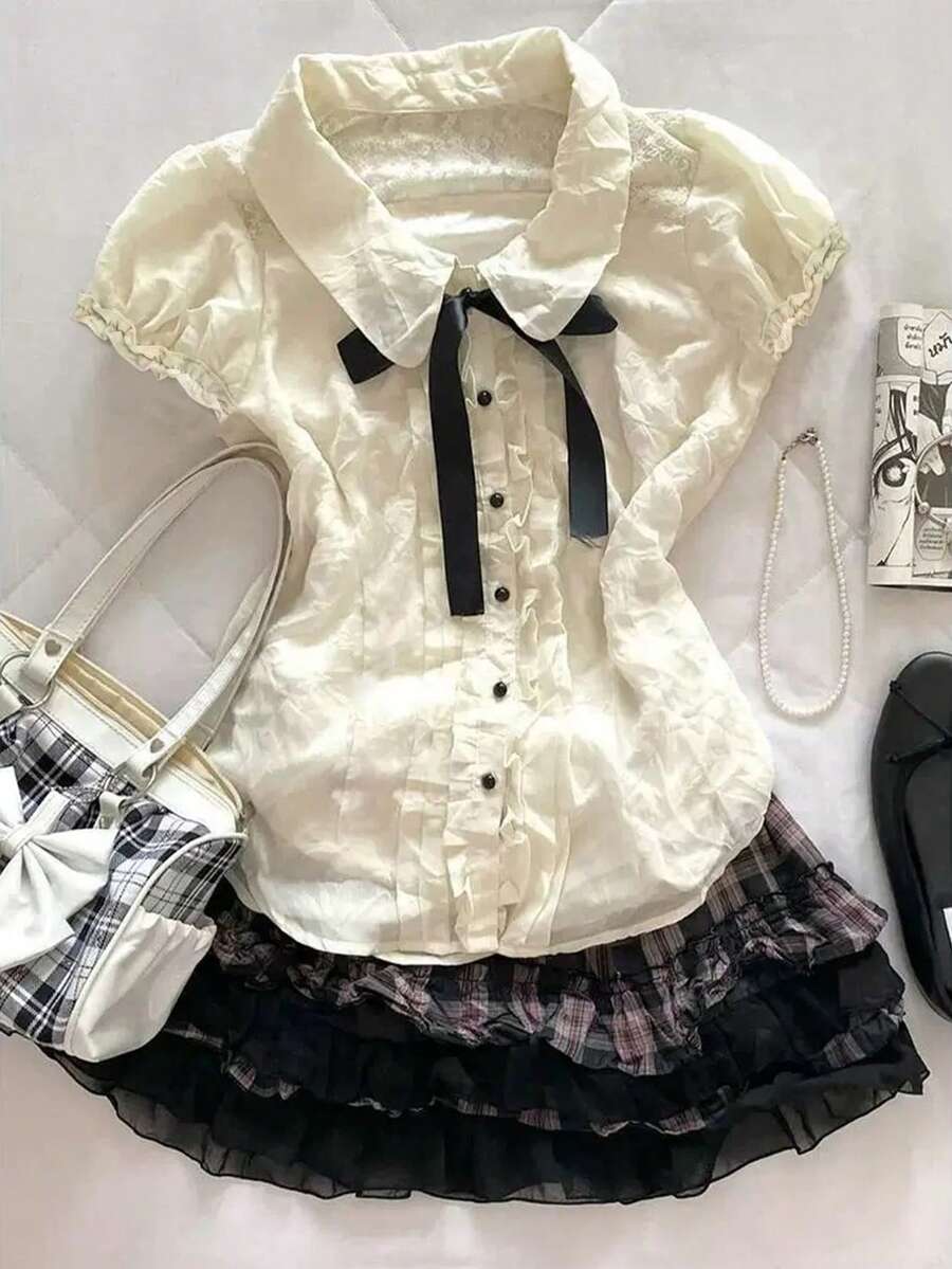 2件套甜美风领结衬衫和格子多层蛋糕裙套装 - 彩色 - 查看 1