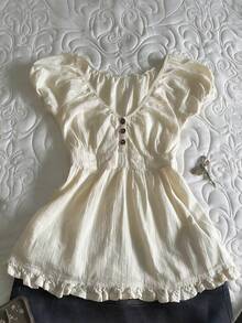 SHEIN 杏色短袖V领褶皱荷叶边女式衬衫，夏季 - 杏色 - 查看 1