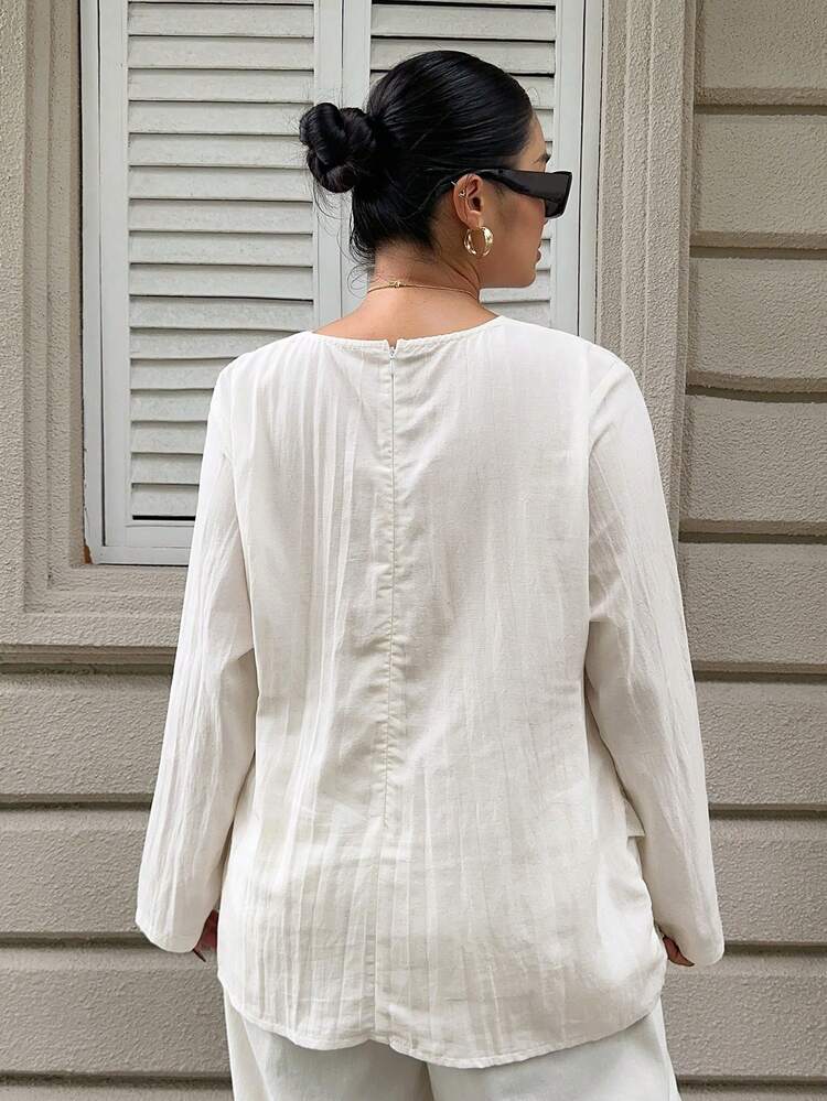 Dazy Plus Textured Waist-Cinching Elegant Commuter Gold Decor Long Sleeve White Blouse, Plus Size, Spring/Summer Resort Style