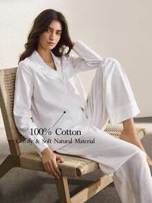 Ocili Conjunto de pijama de mujer de unicolor con cuello de solapa, botón de concha, bordado de encaje natural y suave, de manga corta y pantalón corto para uso diario - Blanco - Ver 1