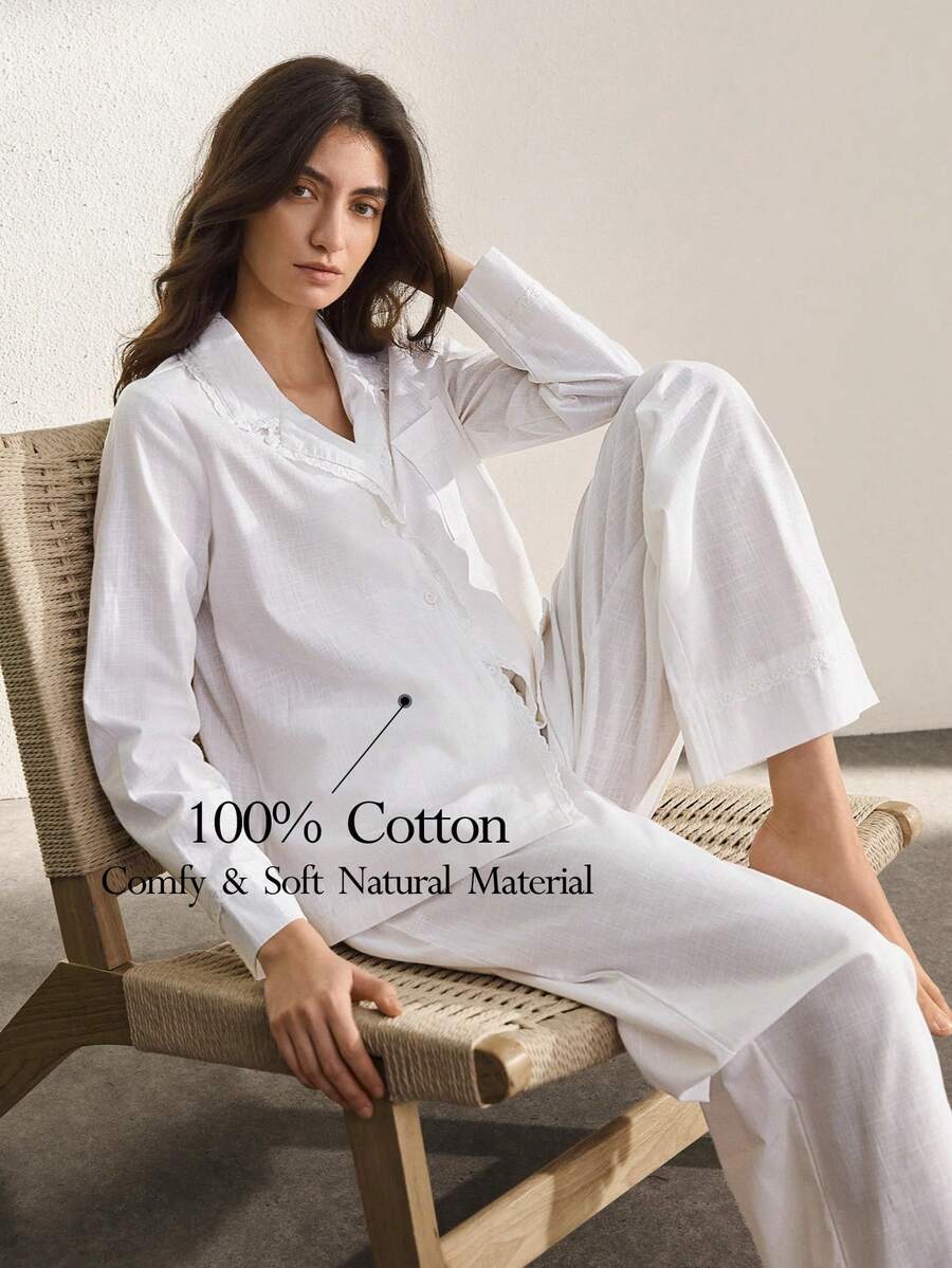 Ocili Conjunto de pijama de mujer de unicolor con cuello de solapa, botón de concha, bordado de encaje natural y suave, de manga corta y pantalón corto para uso diario - Blanco - Ver 1