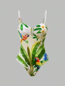 Swim Oasis 女士夏季海滩度假热带植物鹦鹉印花连体泳衣和阔腿罩裤套装，适合海滩、水上活动和散步 - 彩色 - 查看 3