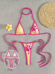 Swim Vcay Swim SXY 2件套女士新款印花细肩带露背超三角比基尼上衣和丁字裤性感比基尼套装 - 黃色 - 查看 1