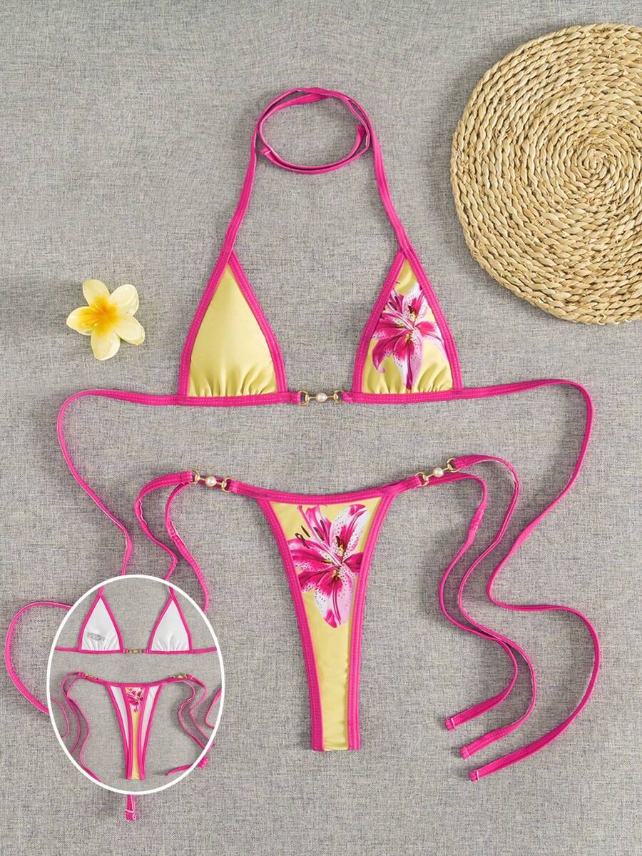 Swim Vcay Swim SXY 2件套女士新款印花细肩带露背超三角比基尼上衣和丁字裤性感比基尼套装 - 黃色 - 查看 1