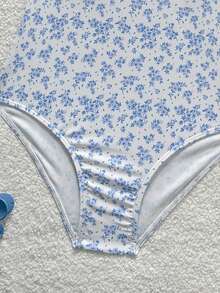 Tween Girl Ditsy Floral Ruched Front Bow One-Piece Swimsuit, Summer Beach Vacation - Baby Blue - View 9