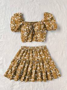 SHEIN Sweetro 2pcs/Set Ditsy Floral Petal Sleeve Top And Mini Skirt - Yellow - View 5