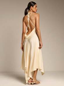 Women's Elegant Draped Neck Sleeveless Asymmetrical Hem Dress, Versatile For Dating, Beach, Vacation, Spring/Summer - Apricot - View 4