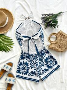 Eryvara 女士印花连体裤，配金属扣，适合度假 - 藍色 - 查看 2