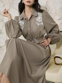 Heiryn Women's Elegant Commuter Floral Embroidered Front Button Long Dress - Grey - View 7