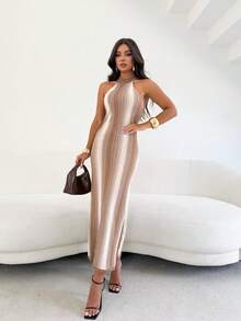 女士优雅修身渐变条纹针织长裙，休闲度假风，春夏款 - 白色 - 查看 4