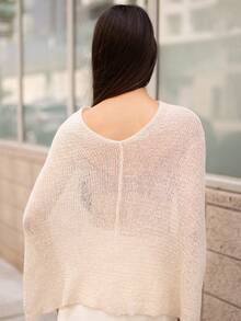 Andrea Bello 性感披肩斗篷百搭针织披肩细肩带 V 领不对称肩部设计上衣，度假风格 - 杏色 - 查看 2