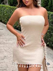 Maria Perezxox 杏色纹理面料性感露肩露背流苏拼布紧身连衣裙 - 杏色 - 查看 6